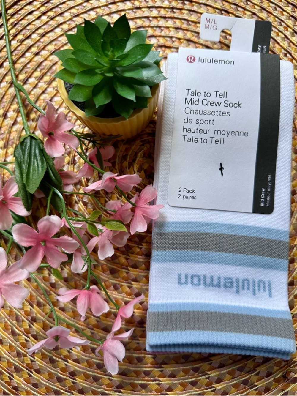 lululemon athletica Light Blue, Gray & White Striped Mid-Crew Socks